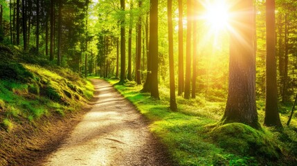 Fototapeta premium Sunlit Forest Pathway: A Serene Escape into Nature's Embrace