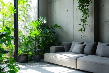 Modern apartment, sunlit sofa, lush plants, concrete wall, interior design
