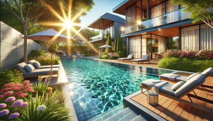 Fototapeta premium A pool with a sun shining on it. There are several lounge chairs around the pool. The pool is surrounded by a garden