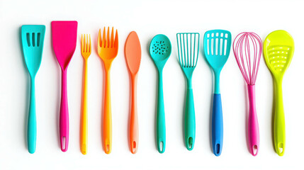 Colorful and Vibrant Kitchen Utensils Displayed on a White Background for Culinary Inspiration