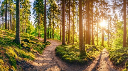 Naklejka premium Serene Forest Pathway Under Golden Sunlight - A Picturesque Woodland Trail