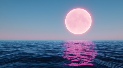 A serene ocean scene with a large pink moon reflecting on water.