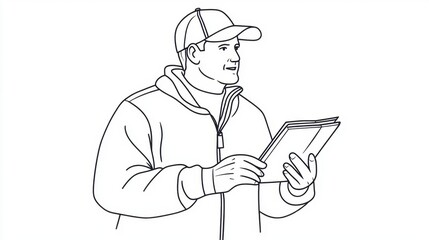 Creative One Line Illustration of a Football Coach Holding a Clipboard in Casual Attire for Sports-Themed Graphics and Design Projects
