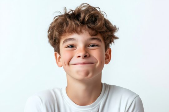 Naklejki Portrait of a cheerful teenager making a funny face, isolated on a white background, expressing joy and happiness