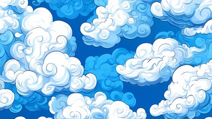 Cartoon-style seamless pattern of fluffy white clouds on a bright blue sky background. Perfect for playful or children's designs.