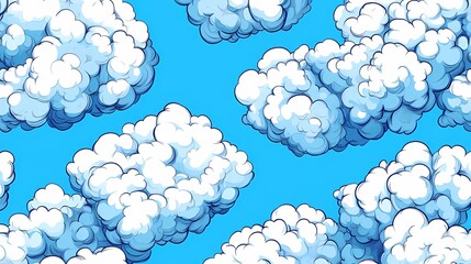 Cartoon-style seamless pattern of fluffy white clouds on a bright blue sky background. Perfect for playful or children's designs.