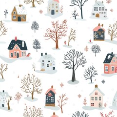 A peaceful winter scene with houses and trees covered in snow