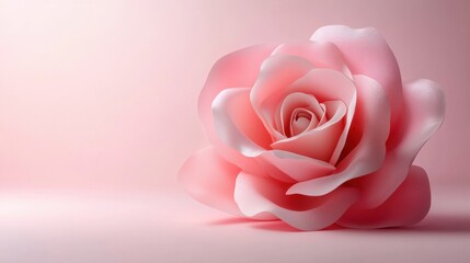 A blooming pink rose captures attention with its delicate petals and graceful form, set against a soft pink background that enhances its beauty