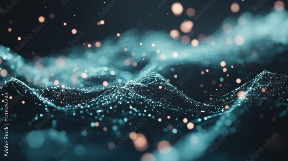 Poster vibrant blue light patterns blend seamlessly to form an abstract digital landscape, shimmering with 
