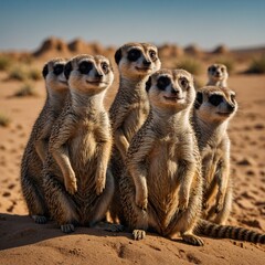 A family of meerkats standing upright and scanning the horizon in a dry savannah. "A group of meerkats standing on alert, their curious faces looking out on a white background."
