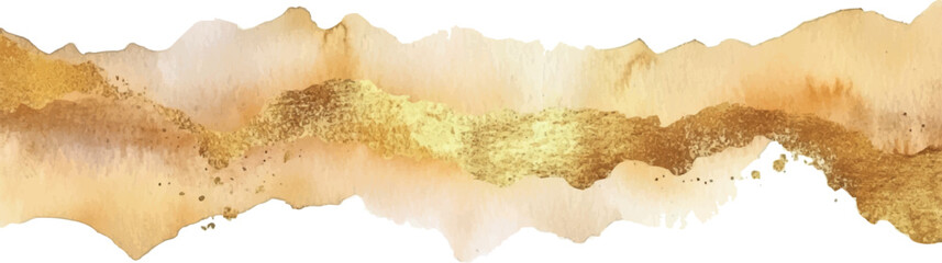 Watercolor simple border isolated on white, textured. Abstract golden border. Beige watercolor base with gold foil texture