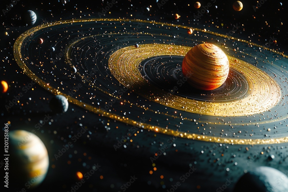Poster a planet with a ring system orbiting in space, ideal for astronomy or space-themed designs