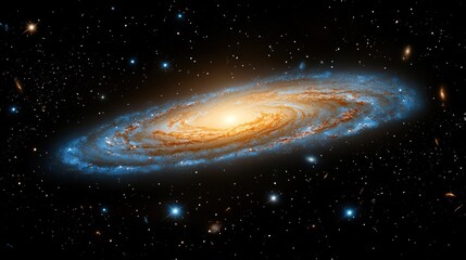 Bright spiral galaxy with starry background in space.