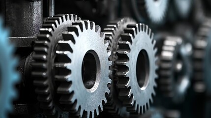 Close Up View of Interlocking Metal Gears and Machinery Components in Black and White