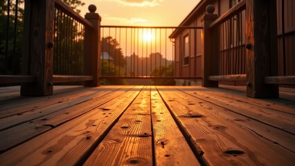 Sunset glows over an inviting wooden deck, its warm hues casting long shadows on horizontal brown planks, framed by nature's tranquil beauty