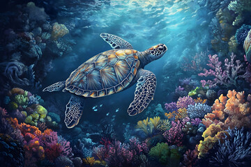 Fototapeta premium Sea turtle swimming gracefully through a vibrant coral reef, highlighting underwater beauty