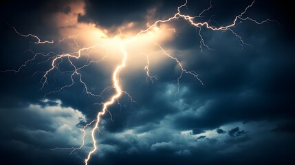 Powerful Lightning Strike Through Dark Storm Clouds