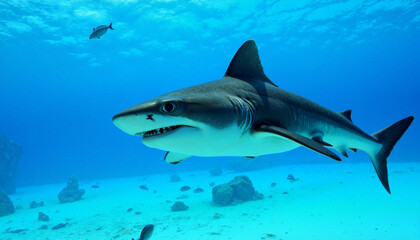 Fototapeta premium Agile hammerhead shark hunting small fish in clear blue ocean, marine predation