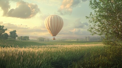 Obraz premium Serene Hot Air Balloon Ride Over Lush Green Fields at Sunset