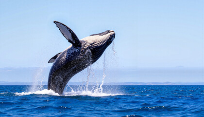 Fototapeta premium Humpback whale breaching in vast ocean under sunlight, marine beauty