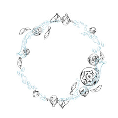 Blueberry blackberry flying in water splash with drops and plant leaves, hand drawn in ink vector, ripe summer forest berry. Isolated wreath frame illustration. Restaurant, cafe menu, farmers market