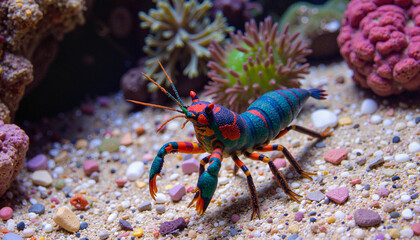 Colorful peacock mantis shrimp exploring coral reef, marine beauty