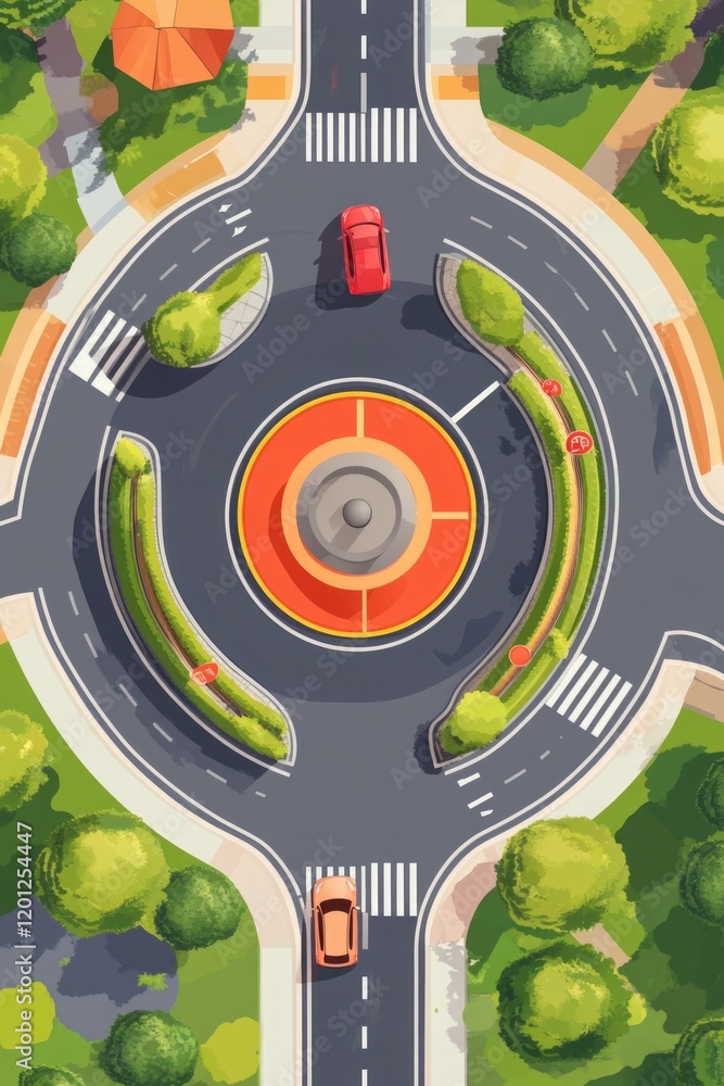 Poster aerial view of a busy intersection with vehicles and foliage