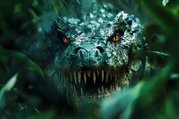 Ferocious predator in dense jungle with sharp teeth and piercing eyes, an ancient creature in focus