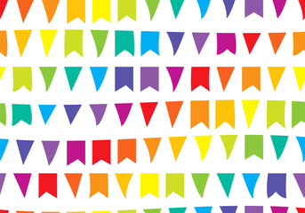 Seamless pattern for holiday. Festive flags garland in cute rainbow colors. Celebration flags for holiday decor. Triangle pennants chain. Party decoration. Festive flag seamless garlands