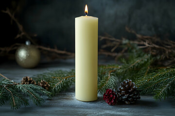 Festive advent candle with fir branches and holiday decor, perfect for Christmas card designs