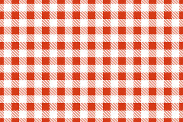 Seamless red and white gingham pattern. Texture from rhombus, squares. Vector gingham striped checkered blanket tablecloth. Seamless white red table cloth napkin pattern background