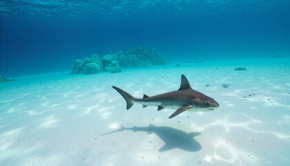 Fototapeta premium Stealthy reef shark gliding through crystal-clear lagoon, ocean beauty