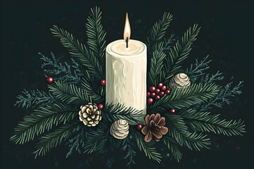 Festive advent candle with fir branches and holiday decor, perfect for Christmas card designs
