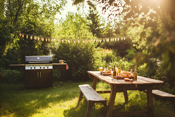Festive backyard party scene with a grill, wooden table, and lush greenery in a sunny summer garden