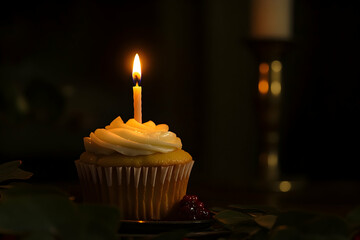 Festive birthday cupcake with a single lit candle, celebrating special moments with a simple and joyful touch