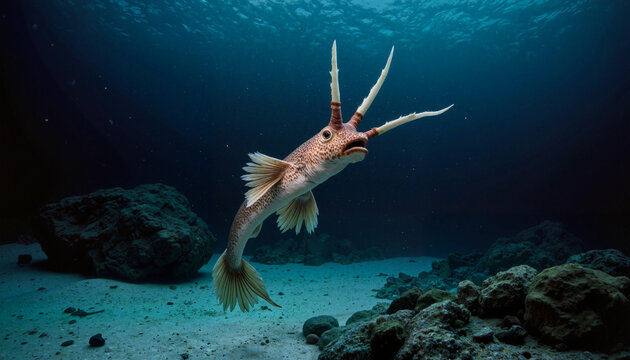 Bizarre oarfish swimming gracefully in shadowy deep-sea zone, exotic marine life