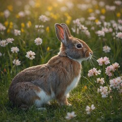 Fototapeta premium rabbit in the grass. Graceful Rabbit at Sunrise Cinematic Nature Scene. A small, fierce rabbit with its ears perked up, surrounded by spring wildflowers in a meadow. 