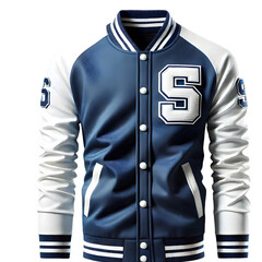 A blue and white varsity jacket with a large S on the front, isolated against a black background.