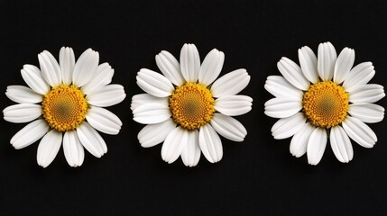Obraz premium Close-up of three white flowers with yellow centers on a black background