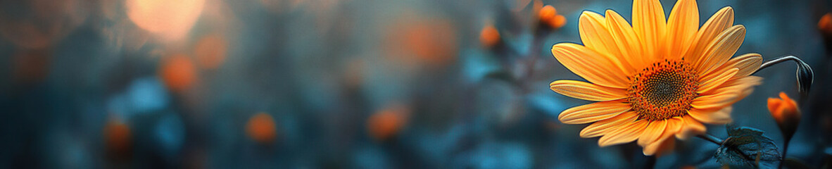 Lone yellow flower among water droplets on reflective surface with dark blue background. Generated with AI.