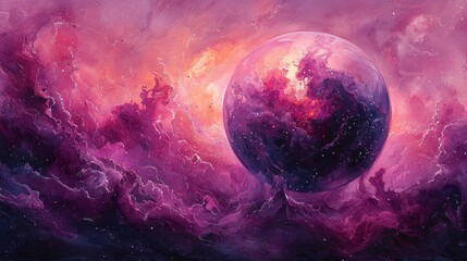 Pink nebula swirls around a vibrant planet.