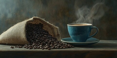 Steaming coffee in a blue cup beside burlap sack of roasted beans.