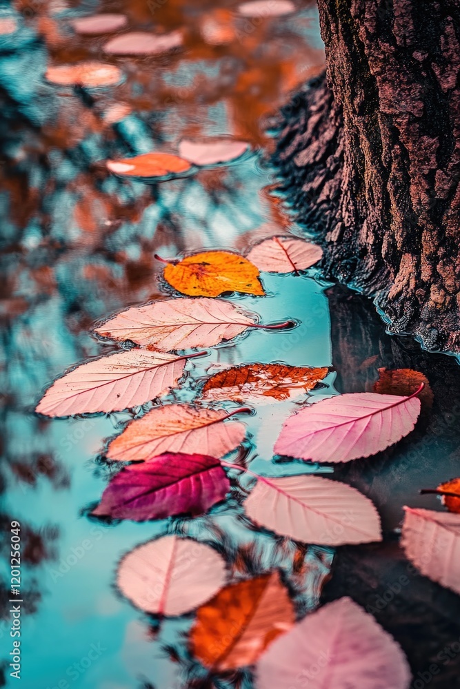 Poster group of leaves floating on the surface of a puddle of water, creating a natural and serene atmosphe