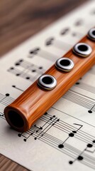 Close-up of a wooden flute resting on sheet music, capturing a serene musical moment.