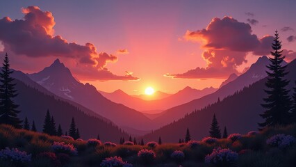 A mesmerizing sunset casts deep purples across the sky, silhouetting majestic mountains on the horizon at eye level. The fading sun hovers midway as day transitions to night