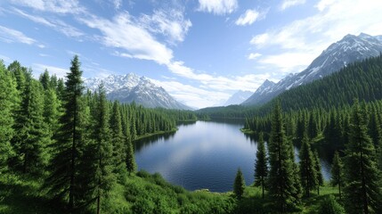 Serene landscape featuring mountains, a lake, and lush forests.