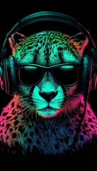 Fototapeta premium Neon Party Animal Stylish Cheetah Portrait with Headphones and Sunglasses on Black Background.