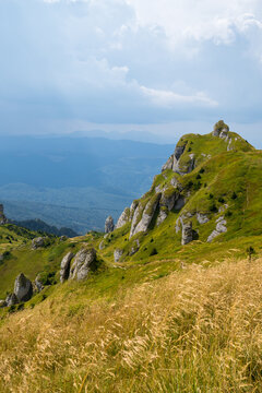 Rocky Mountain Covered With Green Grass, Golden Grass In The Foreground, Foggy Forest And Blue Sky In The Background