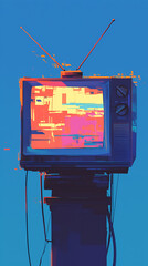 Retro television displaying vibrant glitch art in a serene blue environment with digital effects