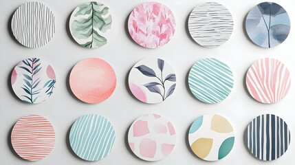 Obraz premium A collection of round roll stickers with customizable designs, presented in a minimalist setting.